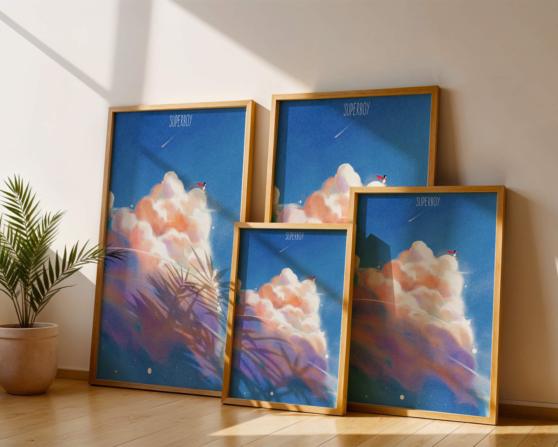 Whimsical illustration of superboy with dreamy cloudscape