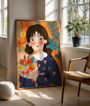 Ilustración colorida de una chica con flores rodeada de un fondo floral vibrante