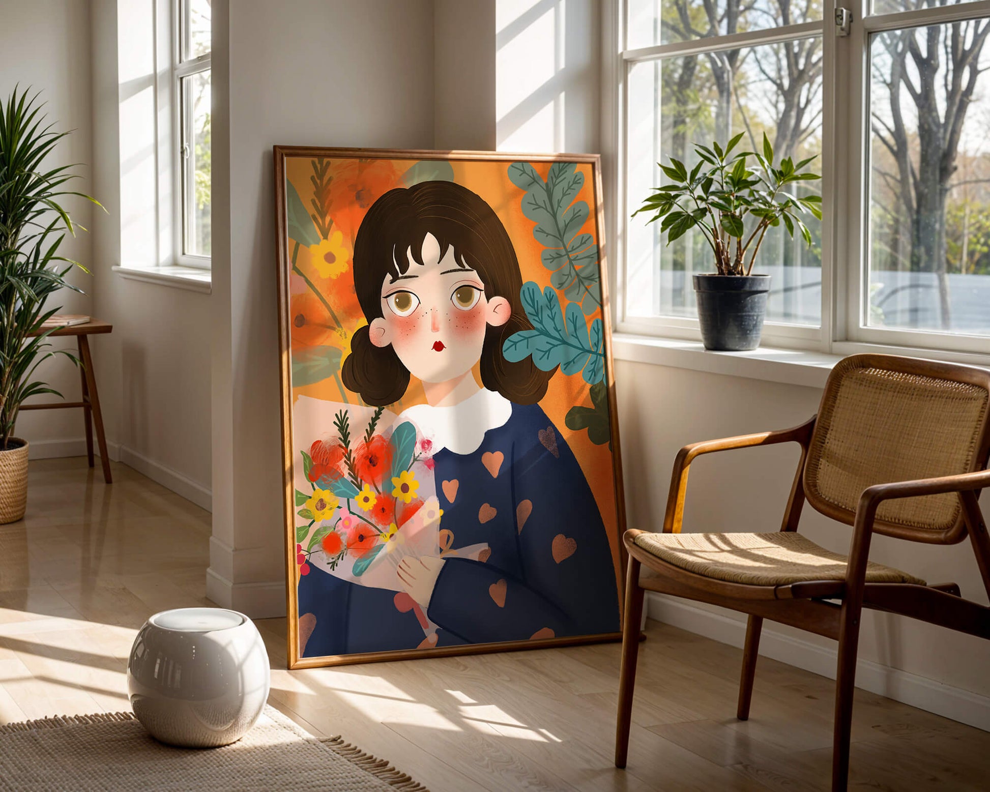 Ilustración colorida de una niña con flores rodeada de un fondo floral vibrante.