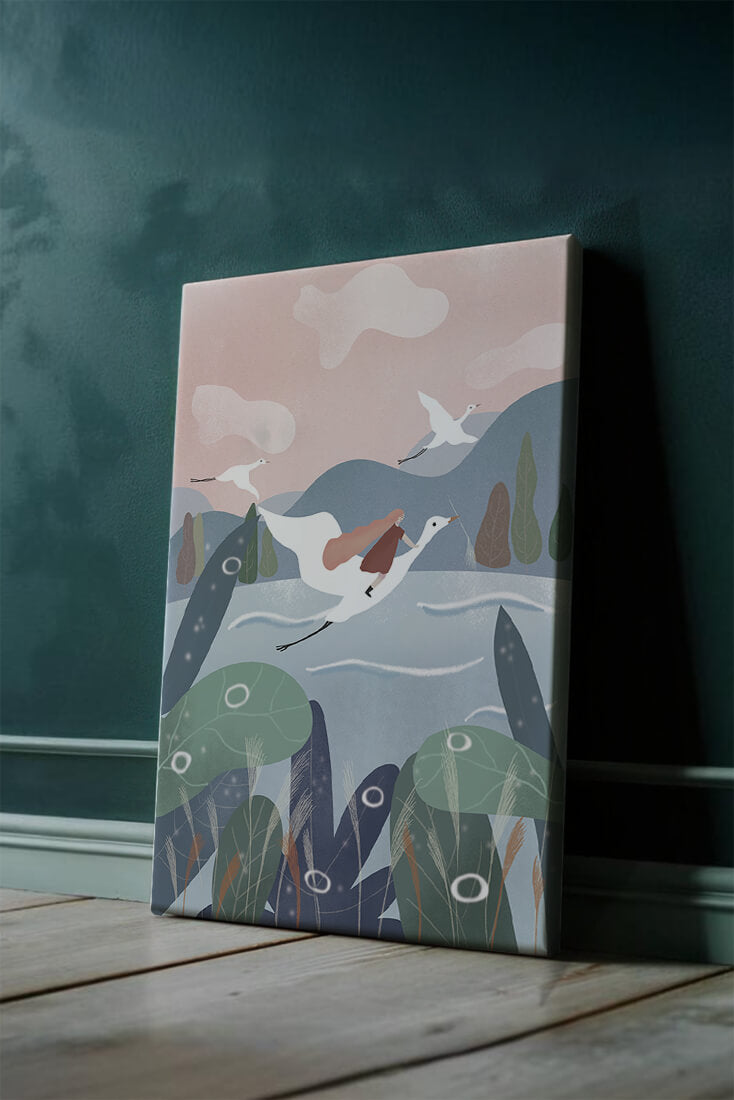 Whimsical landscape with flying birds and pink sky