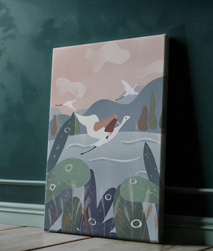 Whimsical landscape with flying birds and pink sky