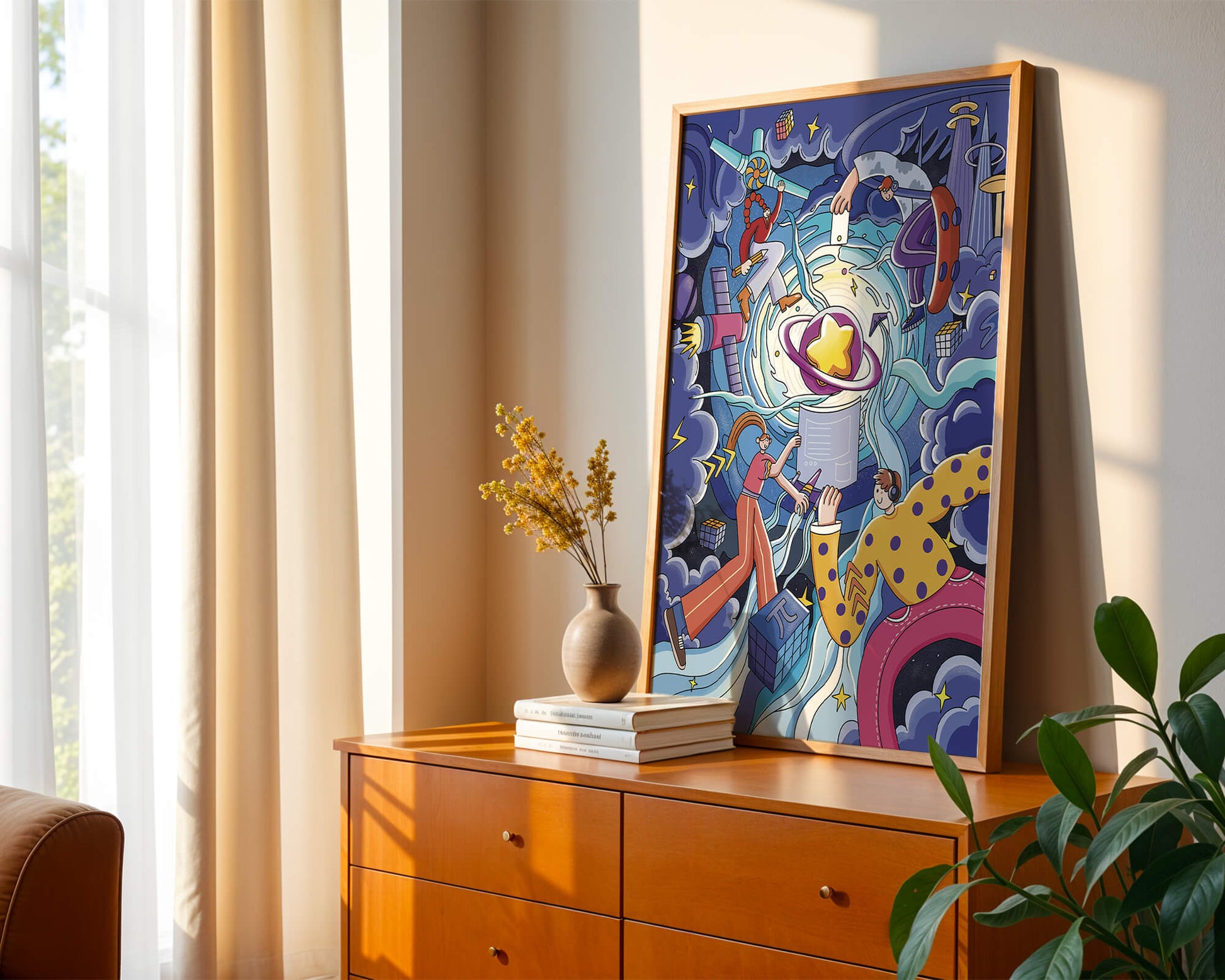 Colorful Cosmic Exploration with Animated Characters and Geometric Shapes