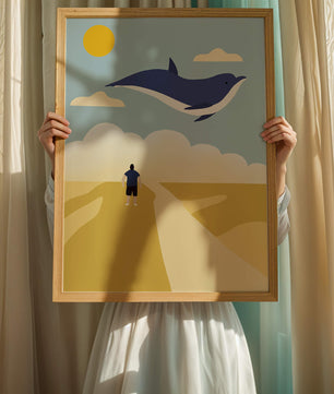 Surreal Landscape with Flying Blue Whale and Human on Desert Path