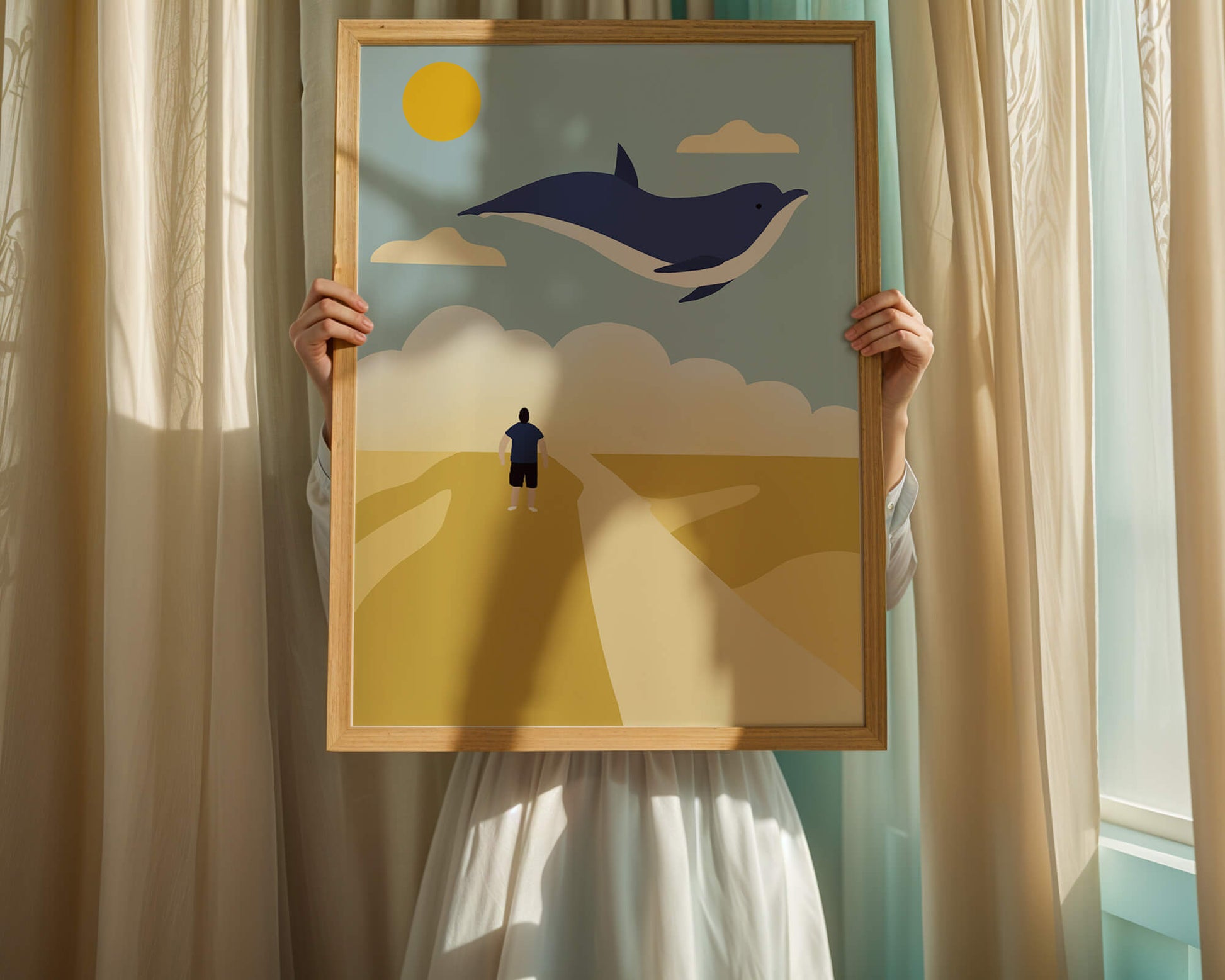 Paisaje surrealista con ballena azul voladora y humano en camino desértico