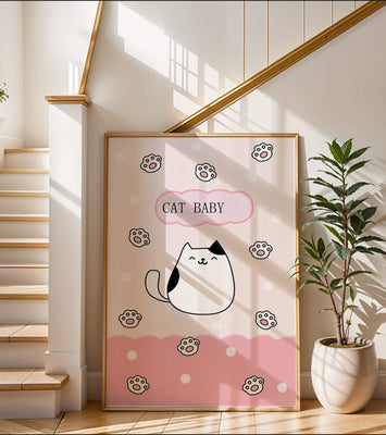 Adorable cat baby illustration with cute paw prints and polka dots