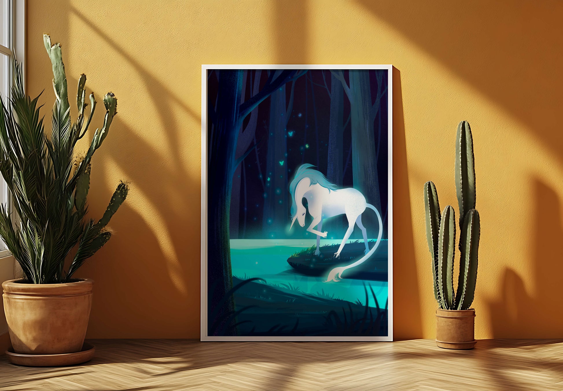 Enchanting night scene with a unicorn by a forest stream