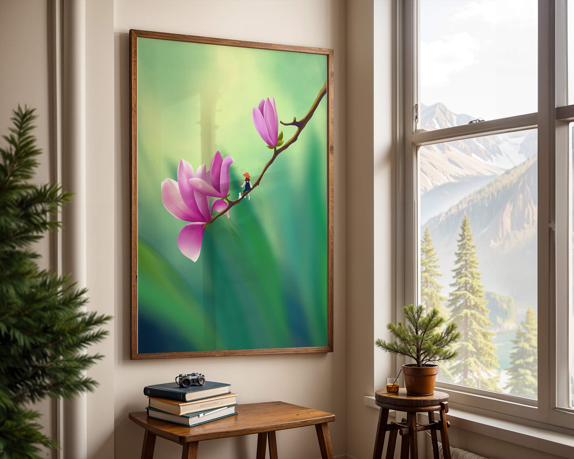 Serene illustration of magnolia flowers with a small figure in a hat