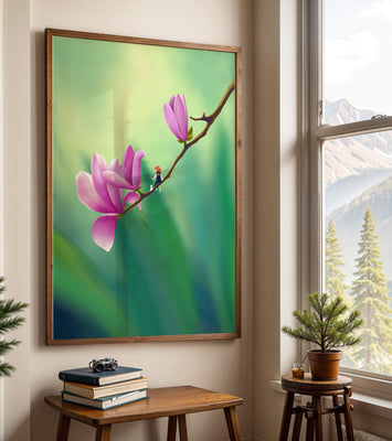 Serene illustration of magnolia flowers with a small figure in a hat