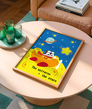 Colorful cartoon airplane with stars and planets in space