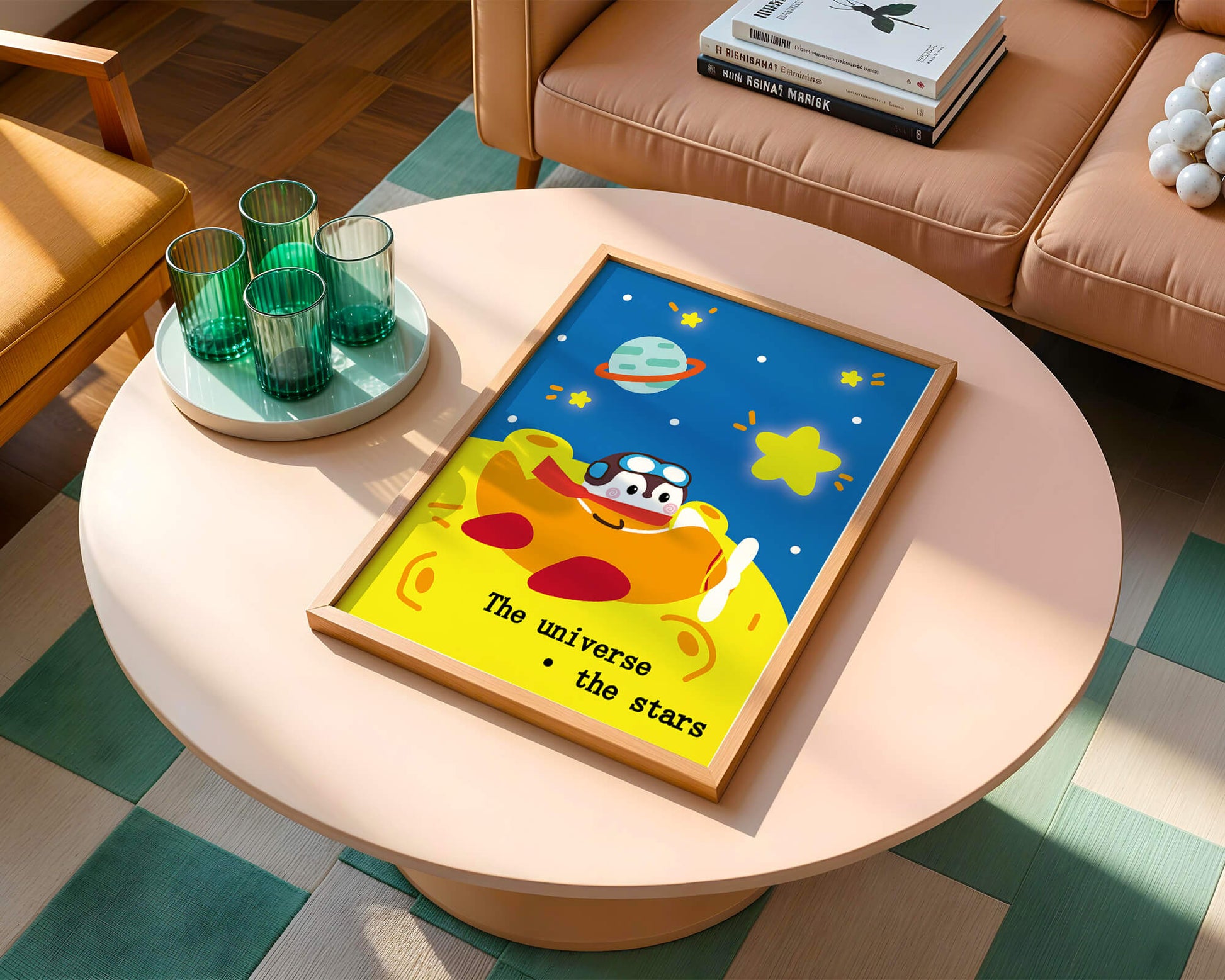 Colorful cartoon airplane with stars and planets in space
