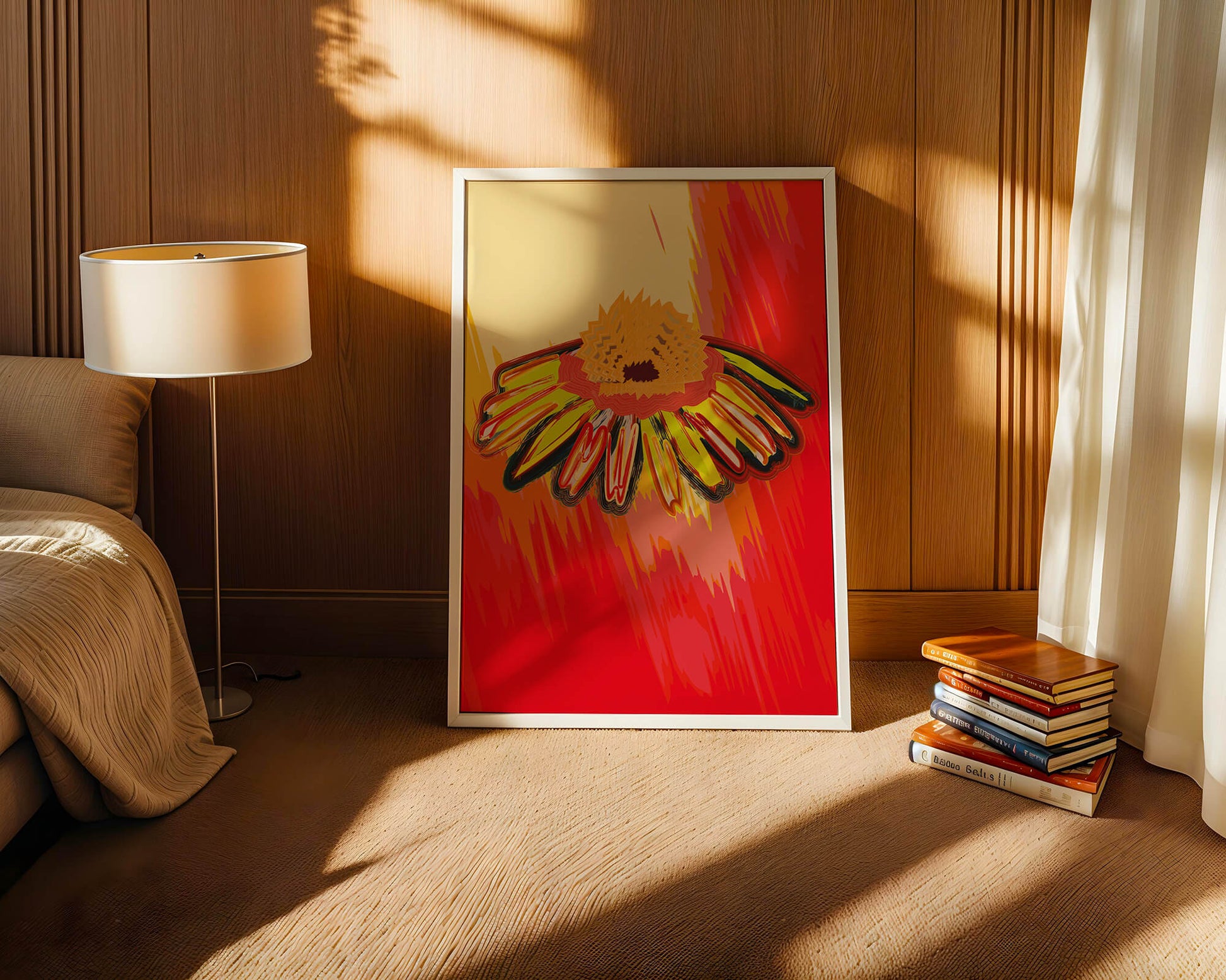 Abstract vibrant flower illustration with bold colors and dynamic strokes