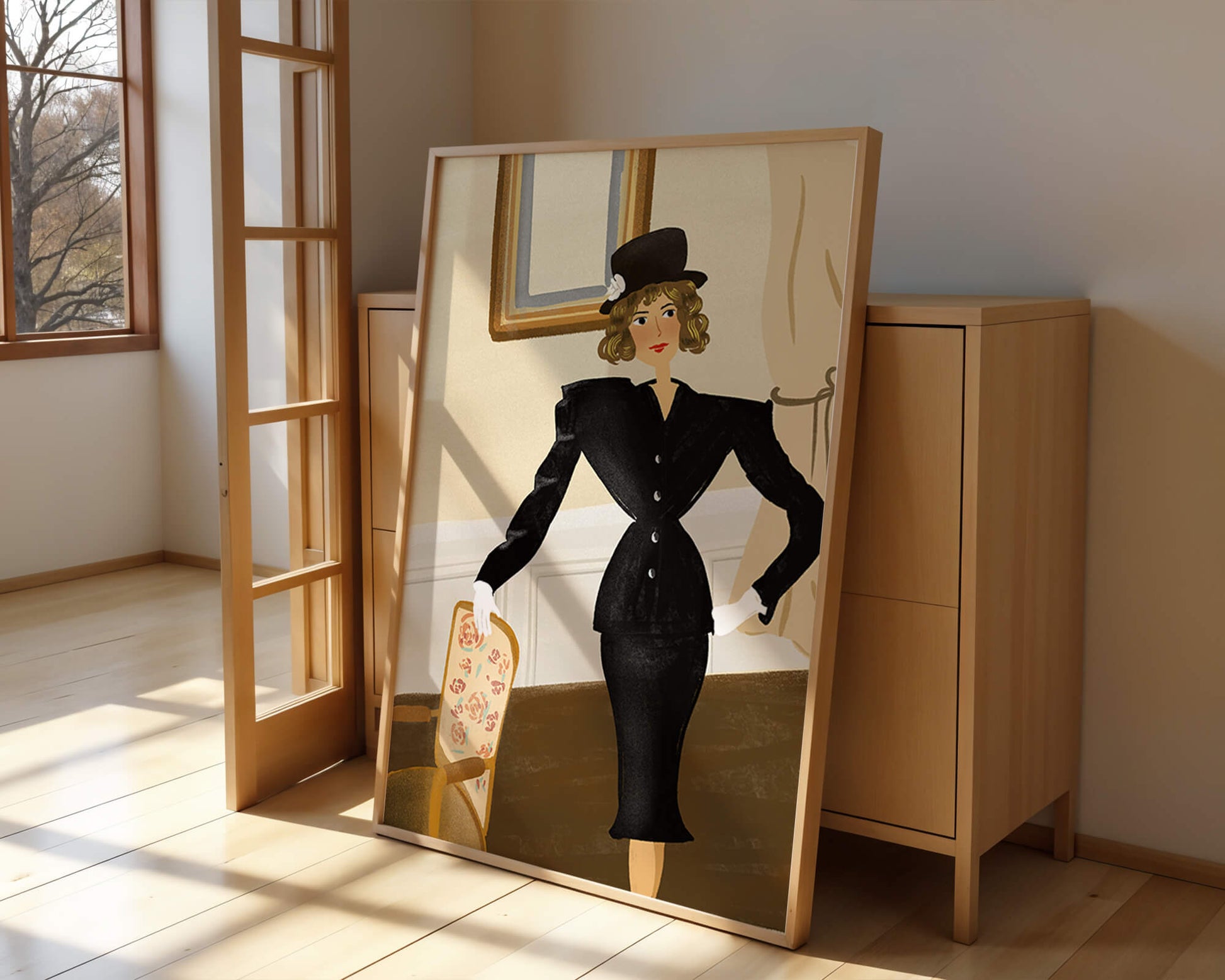 Mujer elegante en moda vintage con traje negro y sombrero