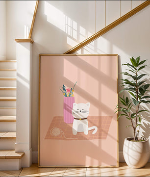 Illustration of a cute white cat with a pink vase and yarn ball on a pastel background