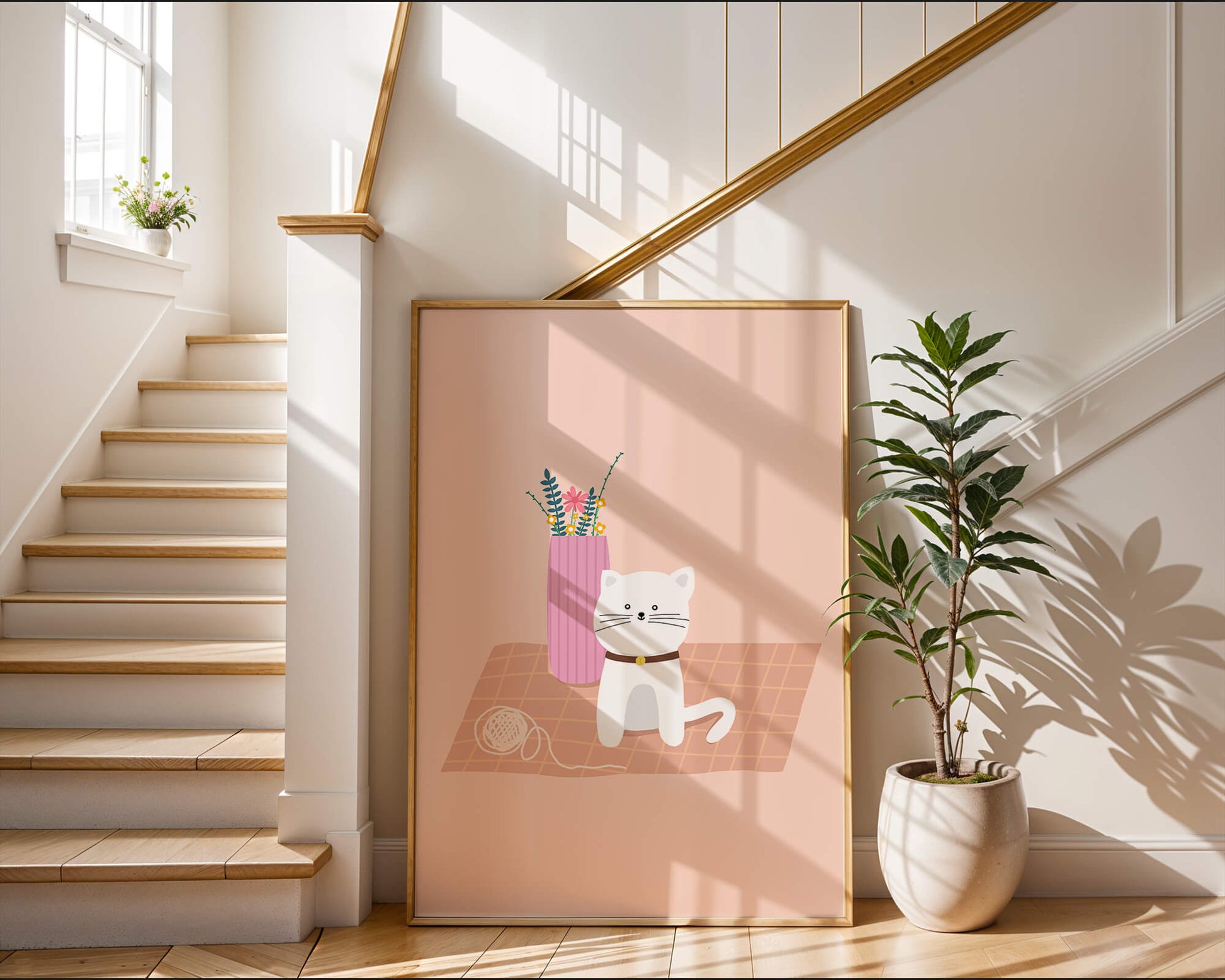 Illustration of a cute white cat with a pink vase and yarn ball on a pastel background