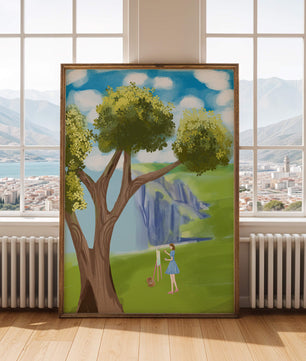 Young woman painting near a tree by a waterfall with a vibrant sky