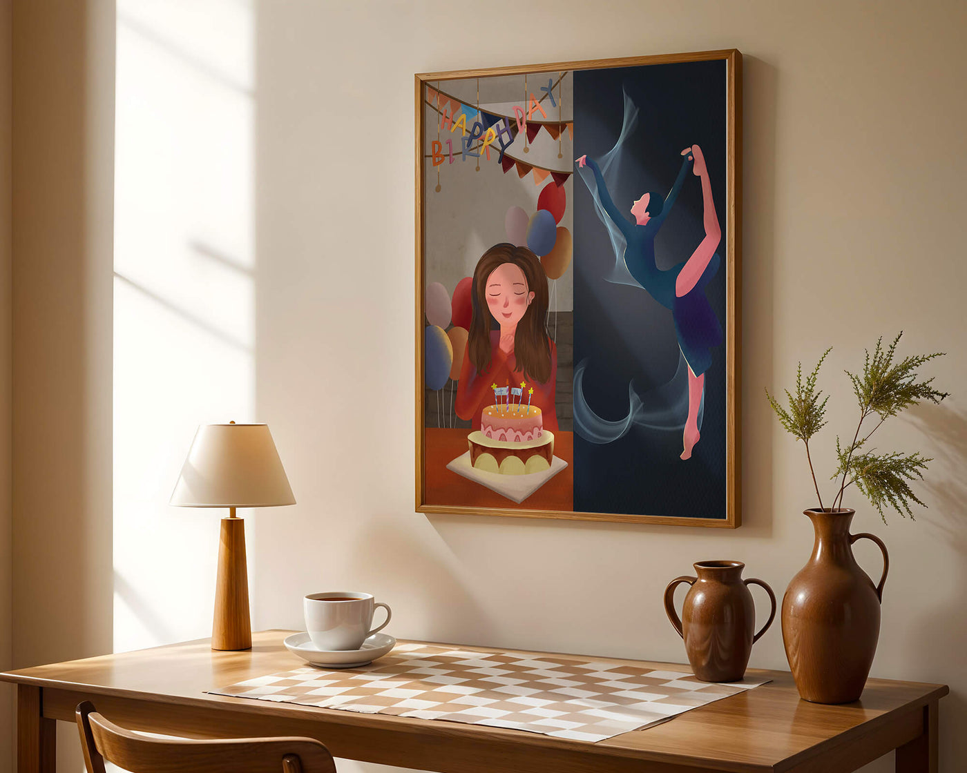 Birthday celebration illustration with cake and dancing figure