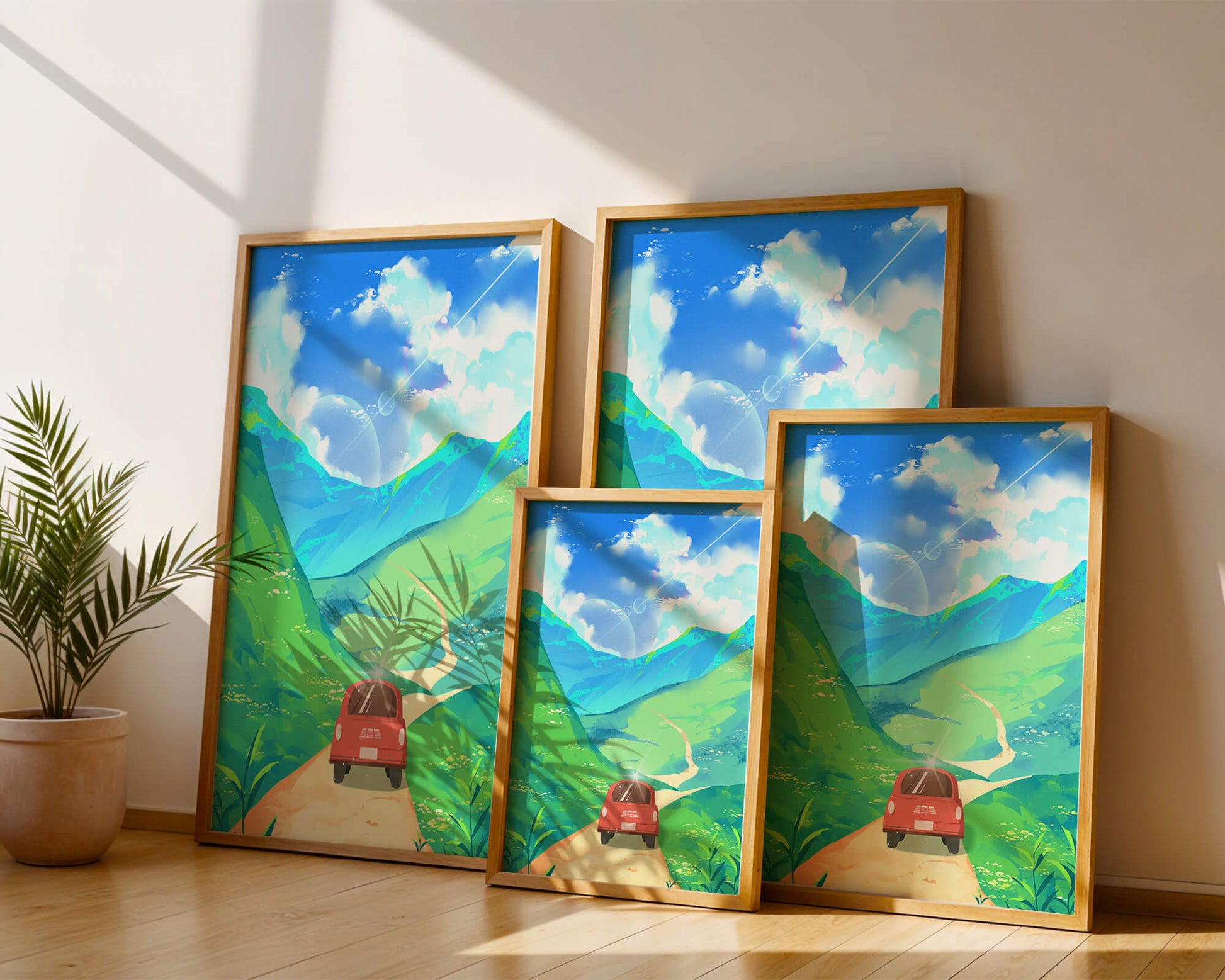 Red Car on a Scenic Road Through Green Hills Under a Vibrant Blue Sky