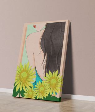 Ilustración de una mujer elegante con girasoles y cabello largo y oscuro