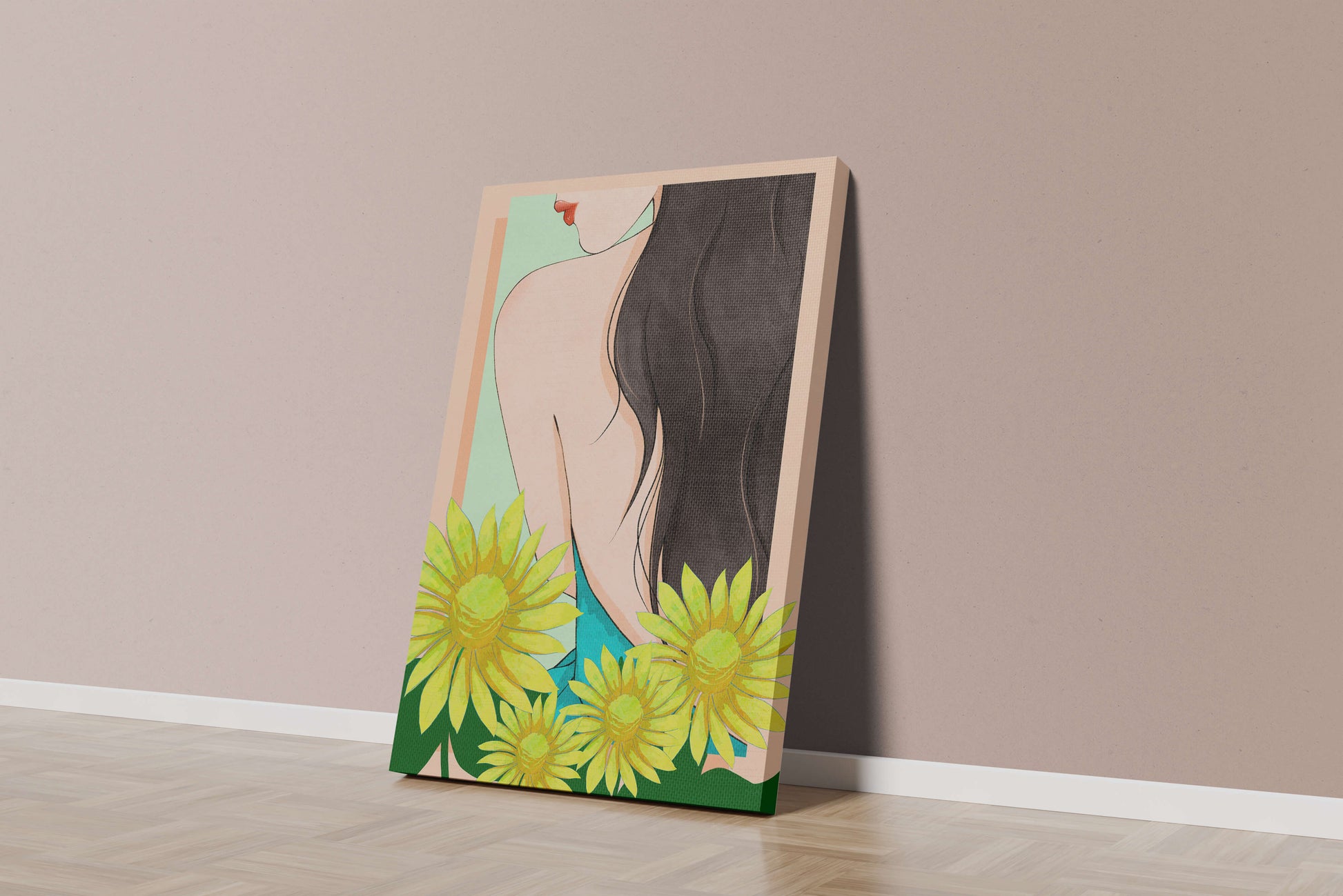 Ilustración de una mujer elegante con girasoles y cabello largo y oscuro