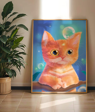 Adorable orange kitten illustration with bubbles and a colorful background