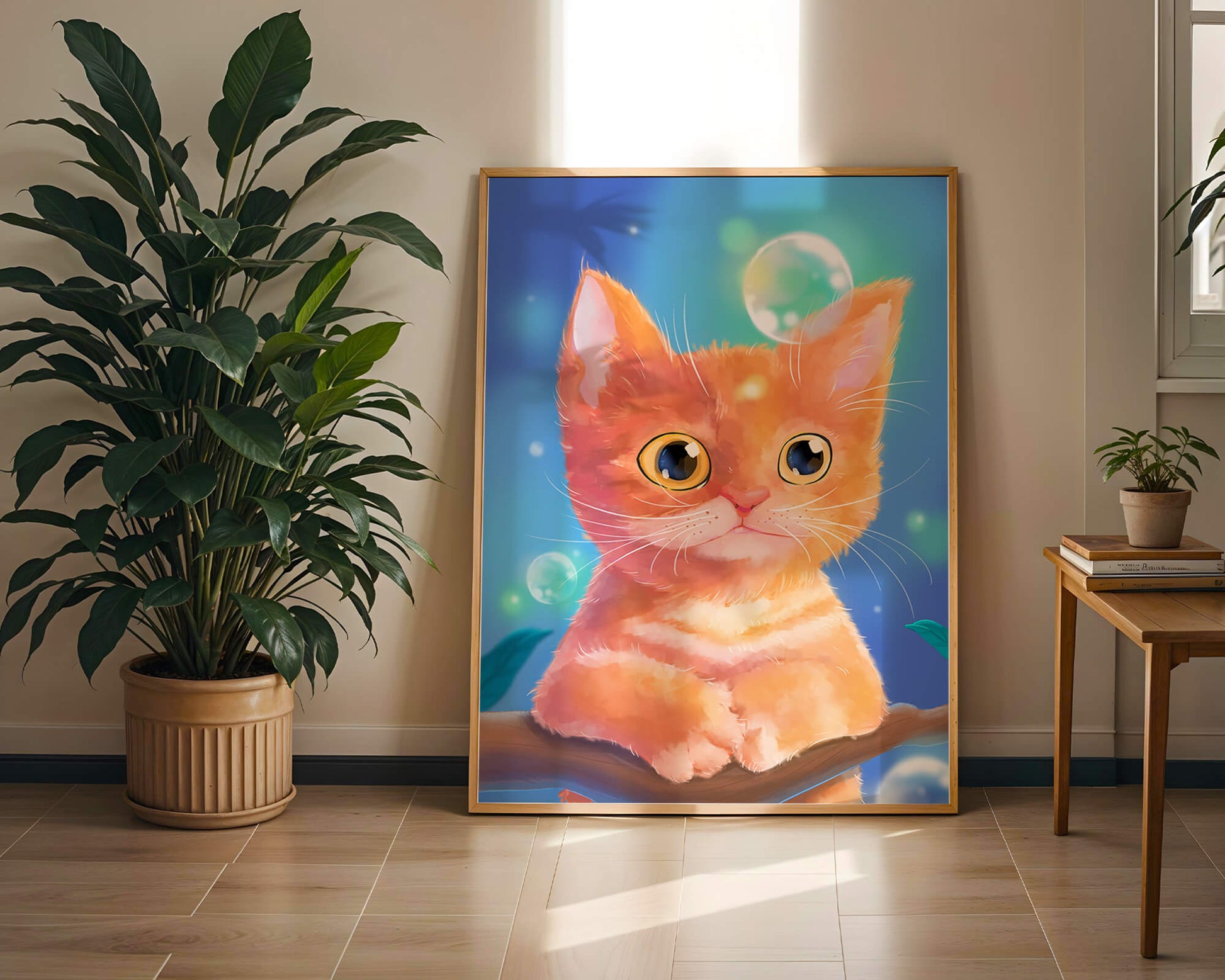 Adorable orange kitten illustration with bubbles and a colorful background