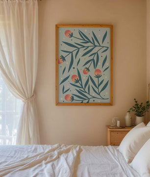 Abstract botanical pattern with colorful flowers and leaves on light blue background