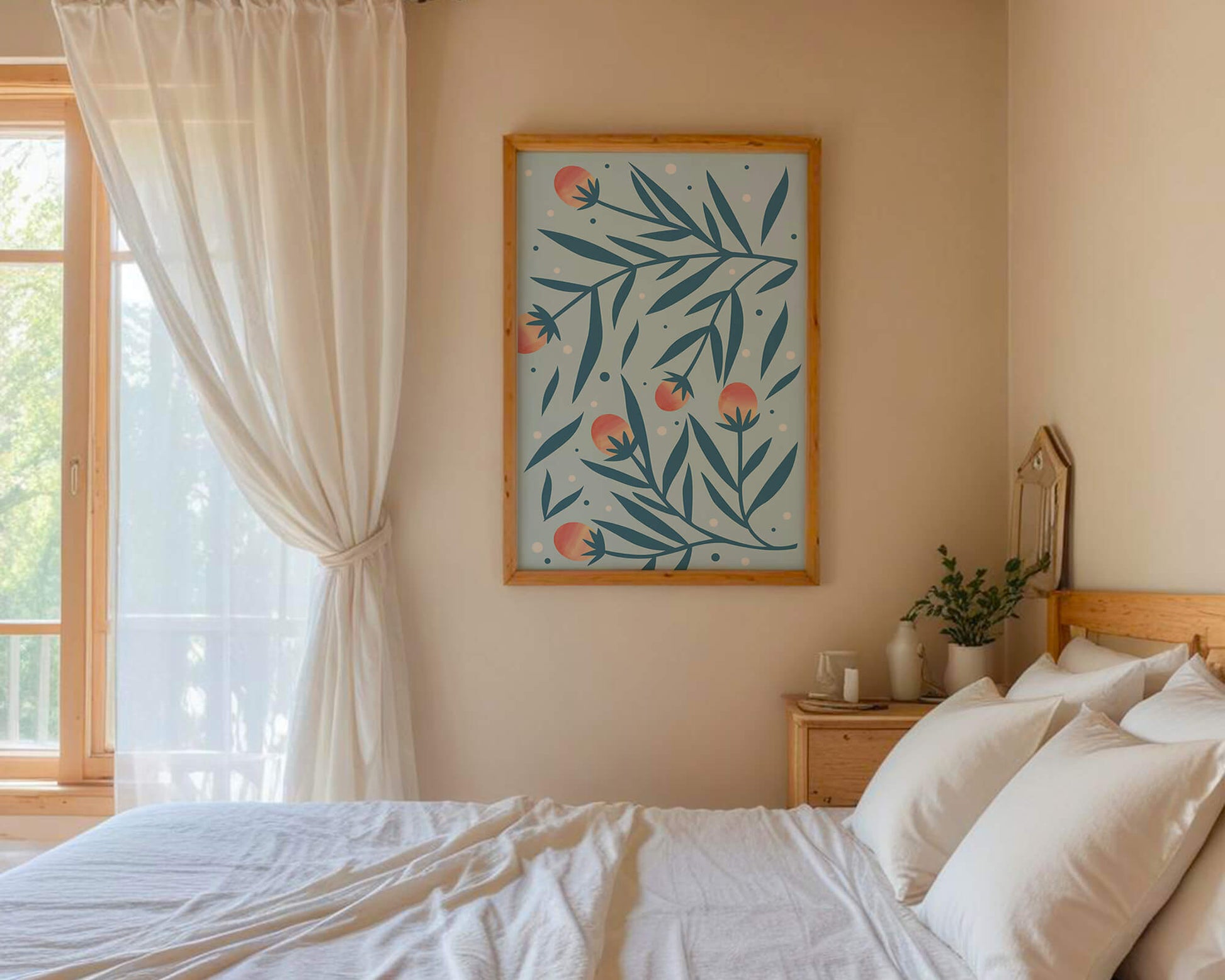 Abstract botanical pattern with colorful flowers and leaves on light blue background