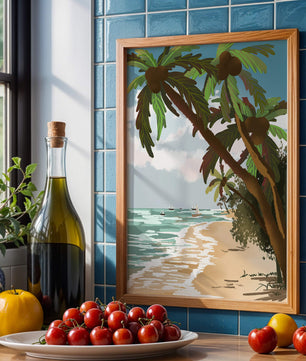 Tranquil Beach Scene with Palm Trees and Sailboats