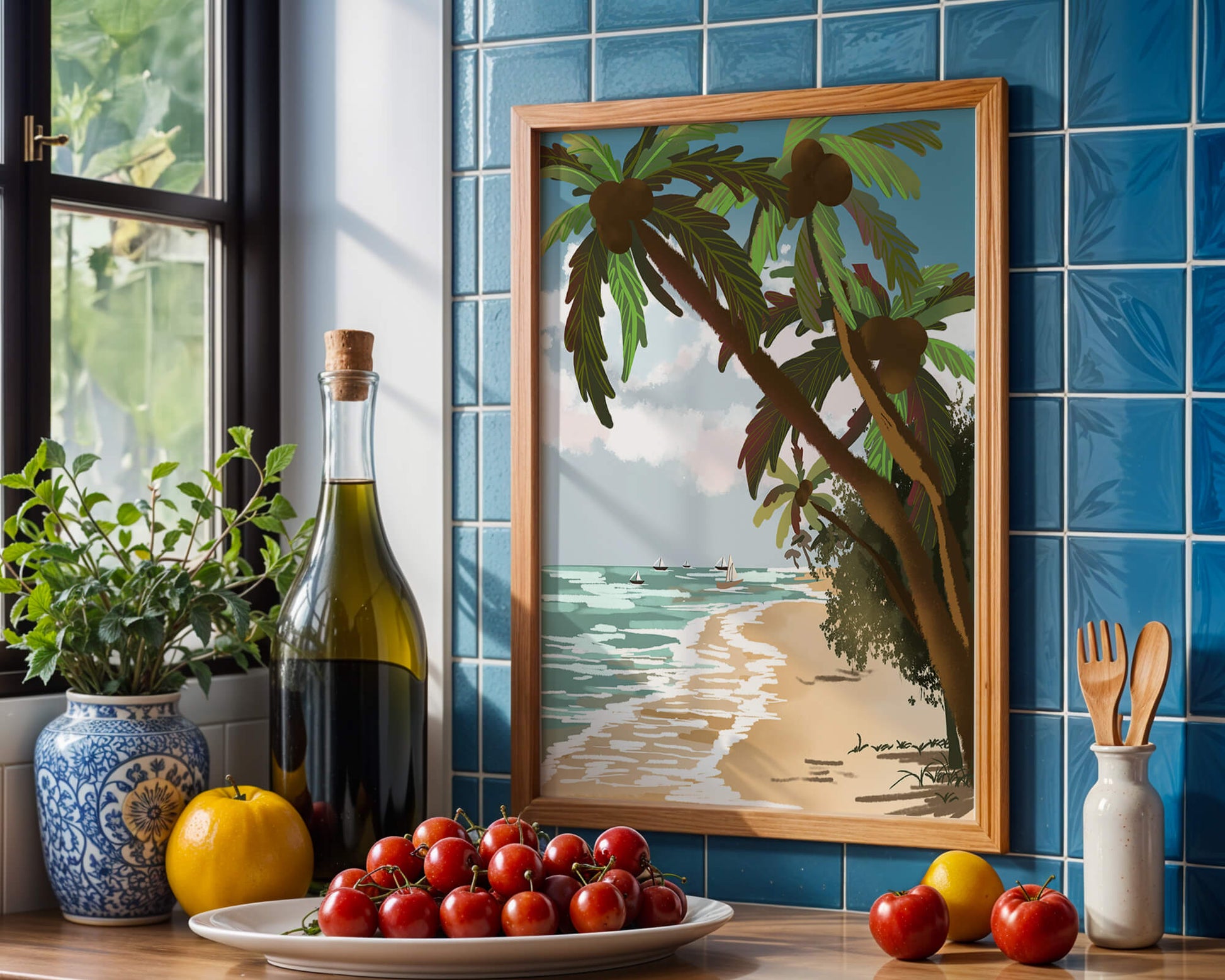Tranquil Beach Scene with Palm Trees and Sailboats
