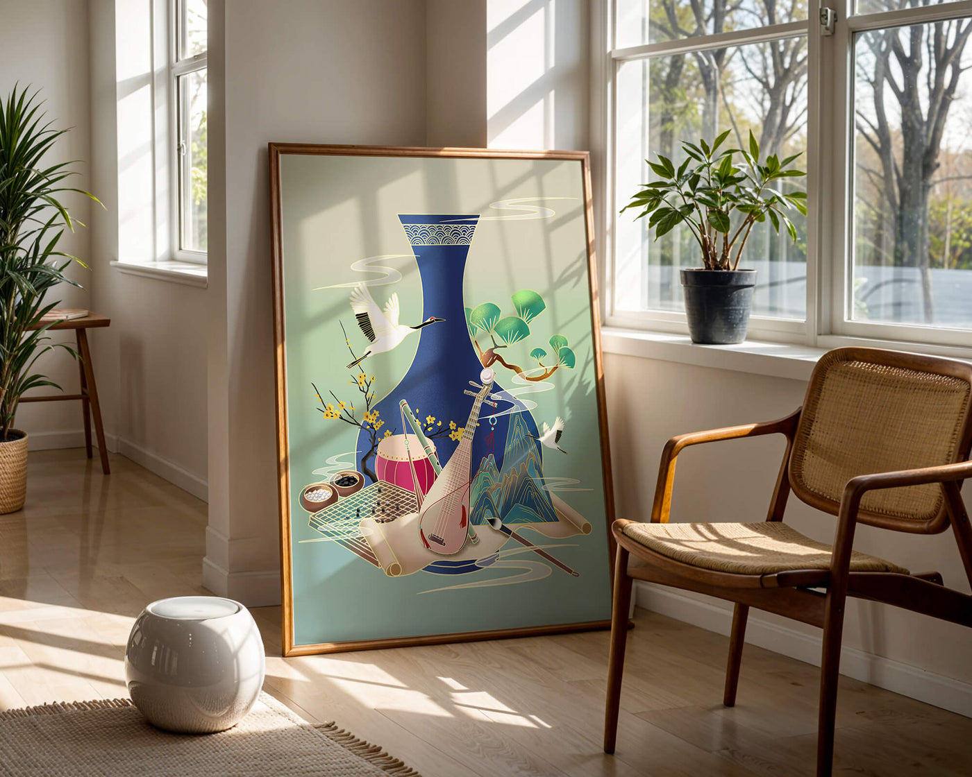 Traditional Asian art scene featuring vase, musical instruments, and cranes