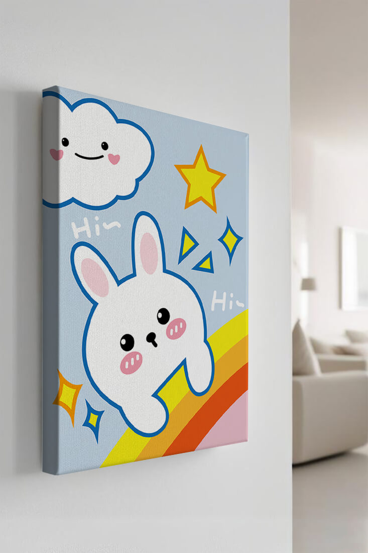 Whimsical cartoon bunny with cloud and rainbow theme
