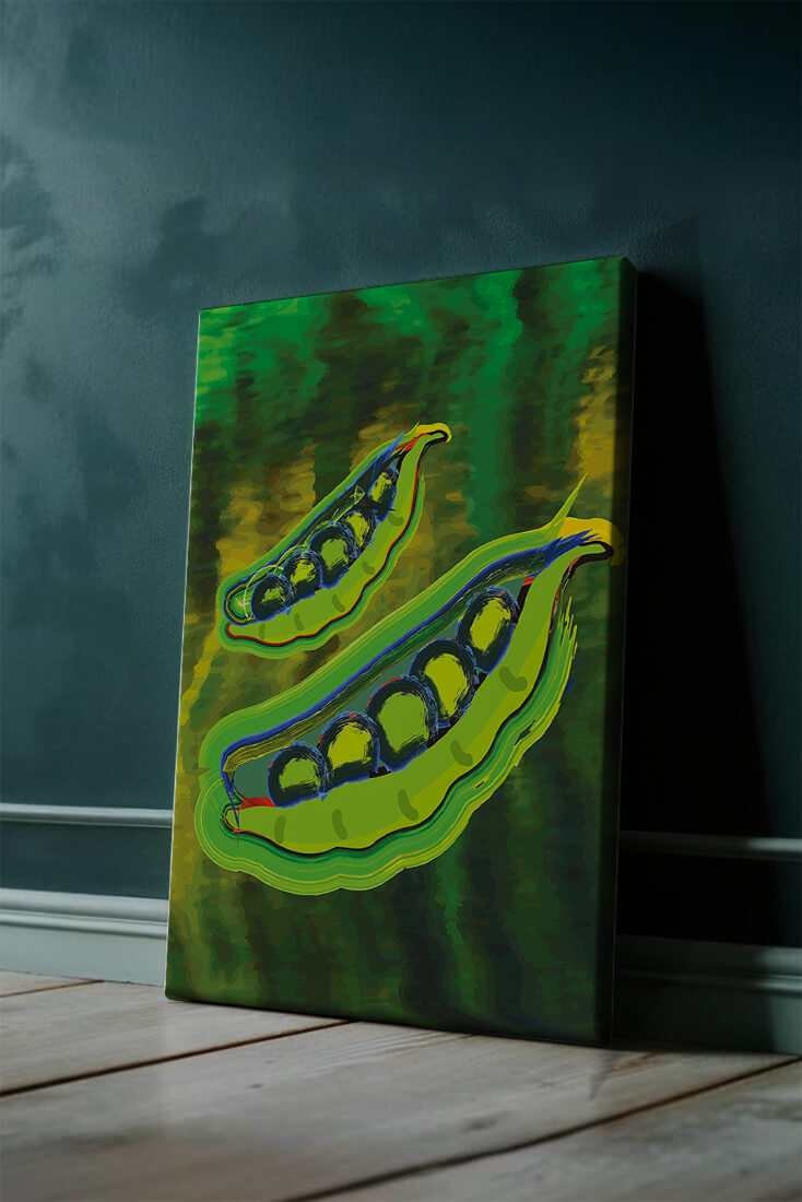 Ilustración abstracta de guisantes verdes coloridos con fondo vibrante