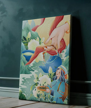 Escena ilustrativa de la cultura del té con montañas y elementos florales