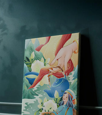 Illustrative scene of tea culture with mountains and floral elements