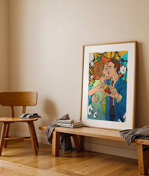 Ilustración de estilo pop art romántico de una pareja besándose con elementos cómicos