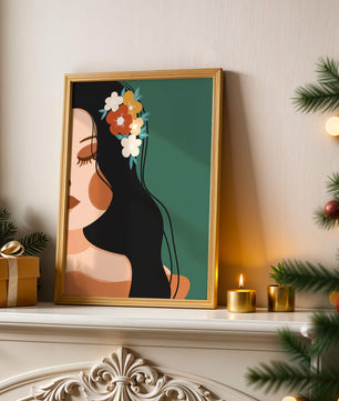 Elegante Illustration einer Frau mit floralem Haarteil