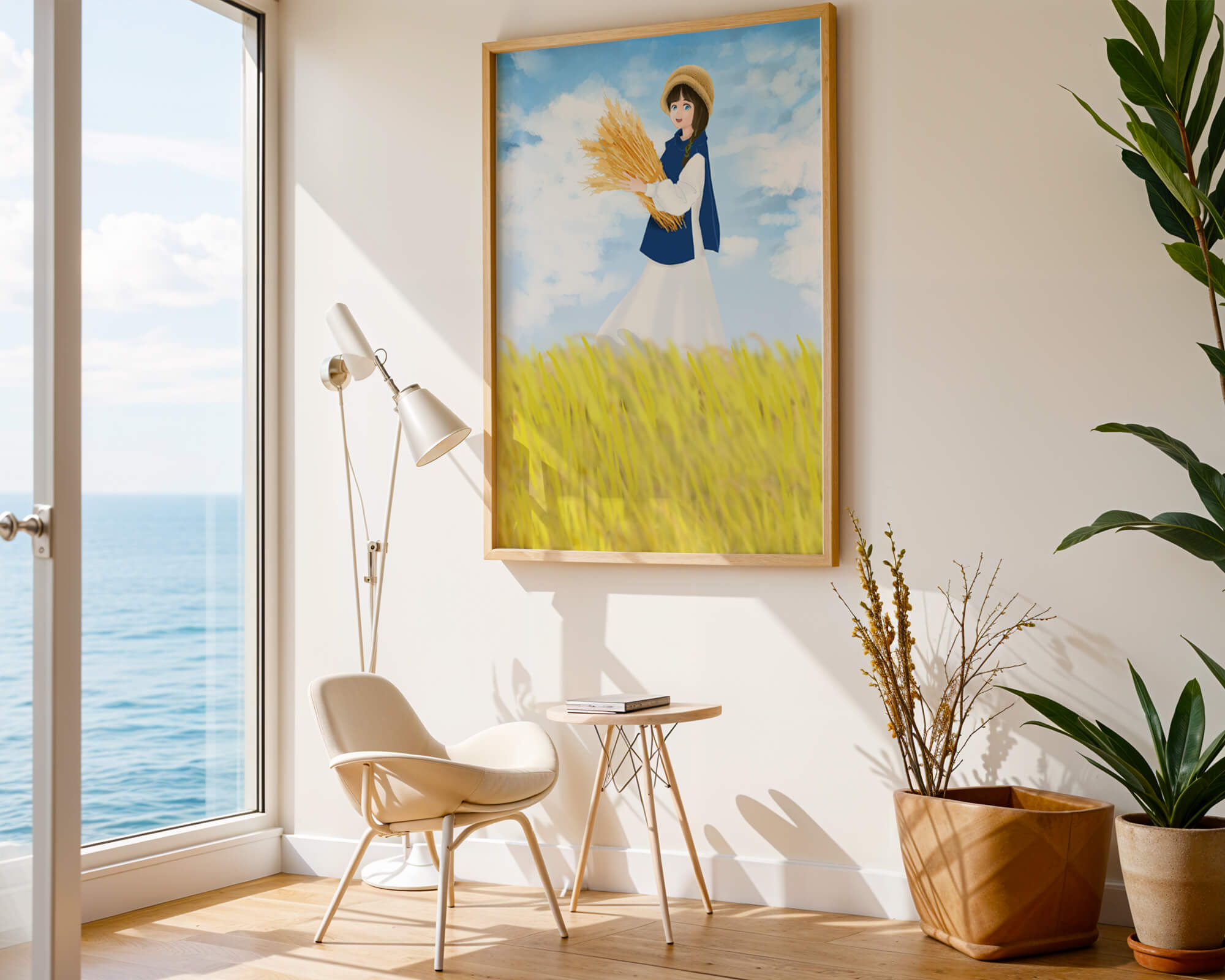 Young girl in a wheat field on a sunny day illustration