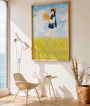 Young girl in a wheat field on a sunny day illustration