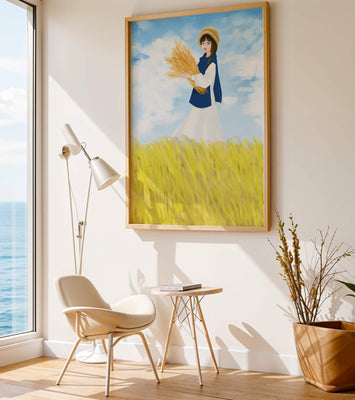Young girl in a wheat field on a sunny day illustration
