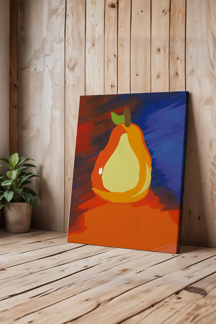 Pintura abstracta de una pera colorida sobre un fondo vibrante.