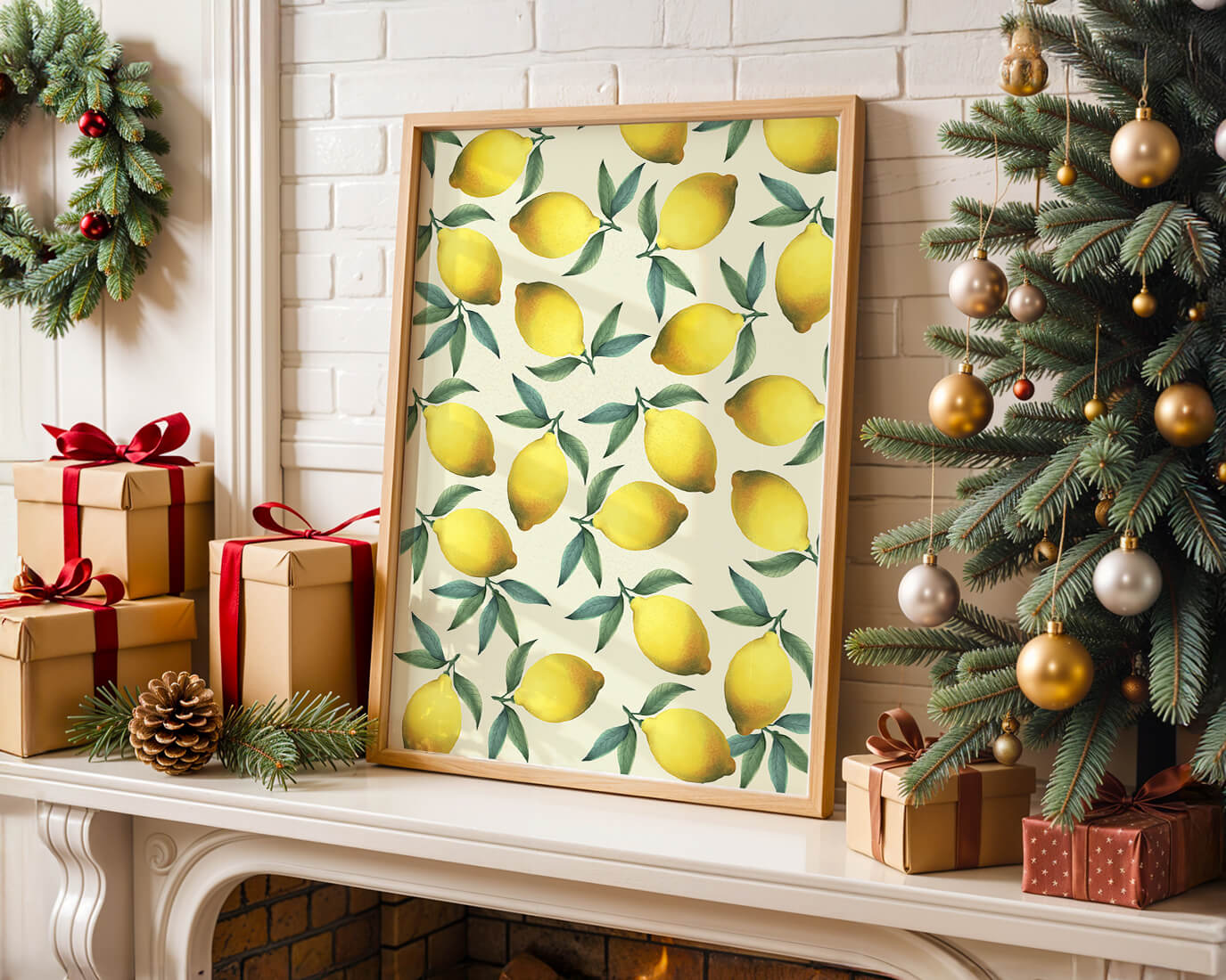 Vibrant lemon pattern with green leaves on a light background