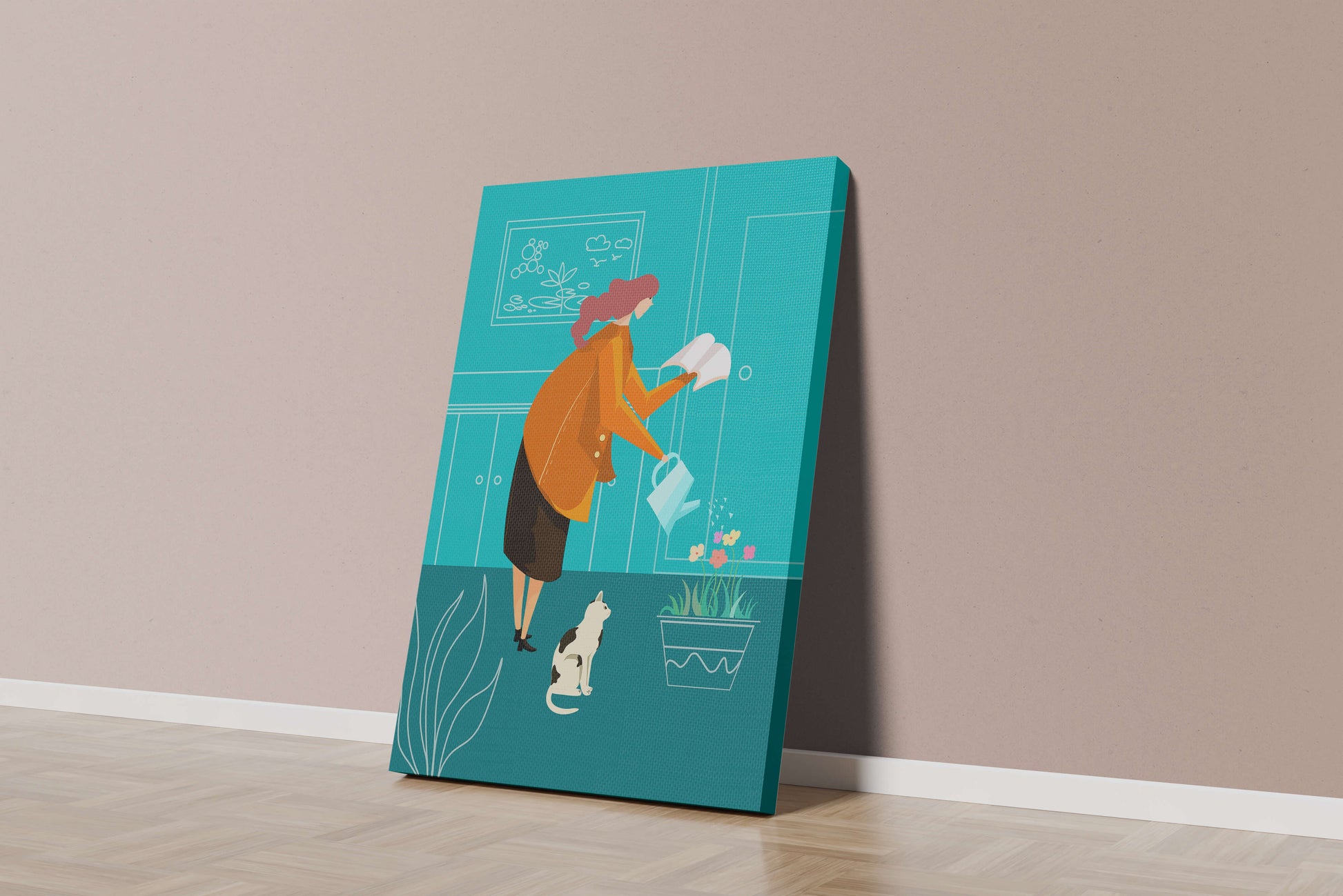 Mujer regando flores con un gato en un interior moderno