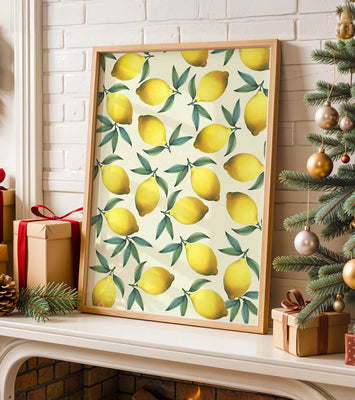 Vibrant lemon pattern with green leaves on a light background