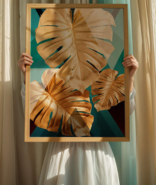 Blätter der Goldenen Monstera auf geometrischem Hintergrund
