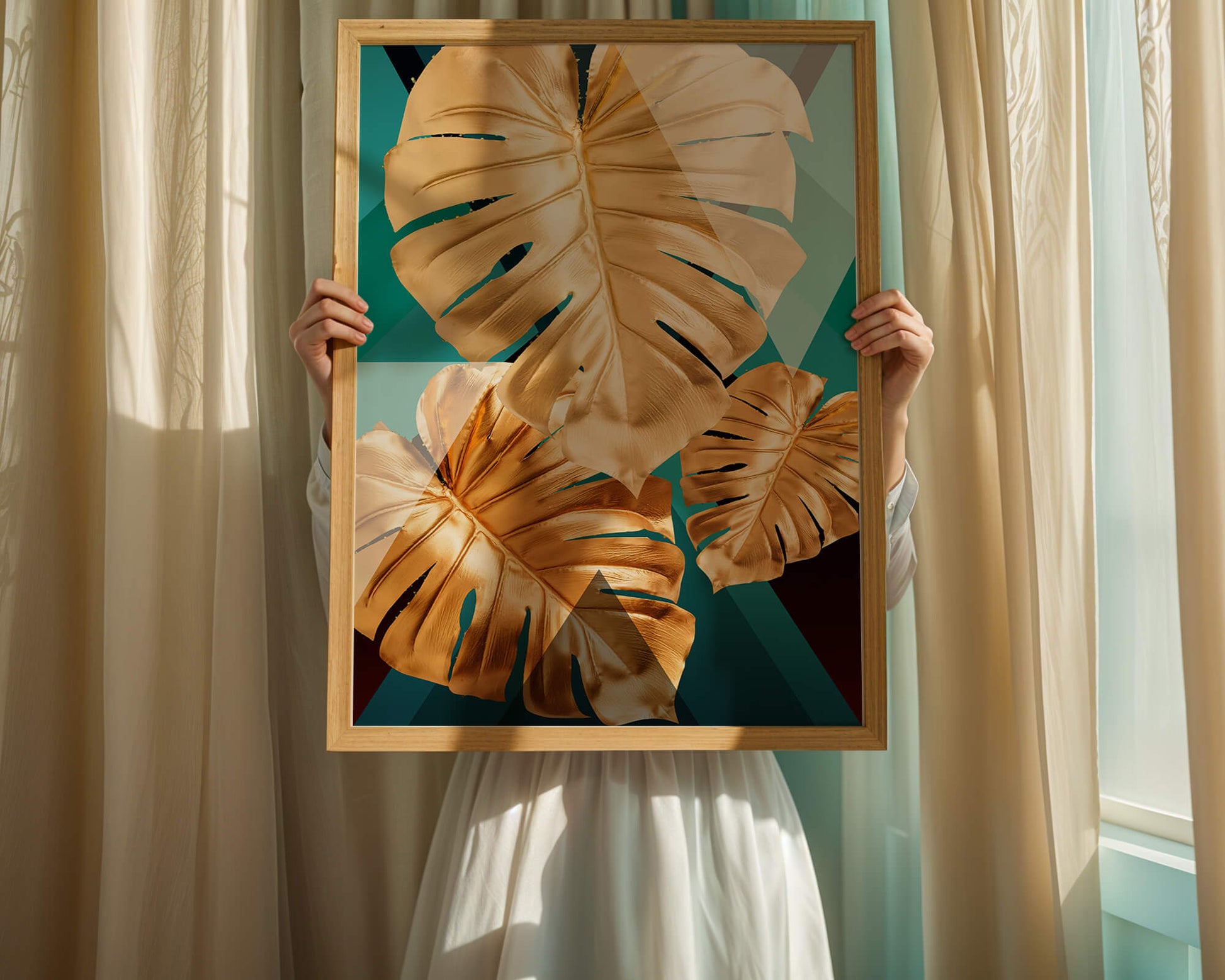 Hojas de monstera doradas sobre fondo geométrico