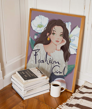 Illustrated fashion girl with floral background and purple theme