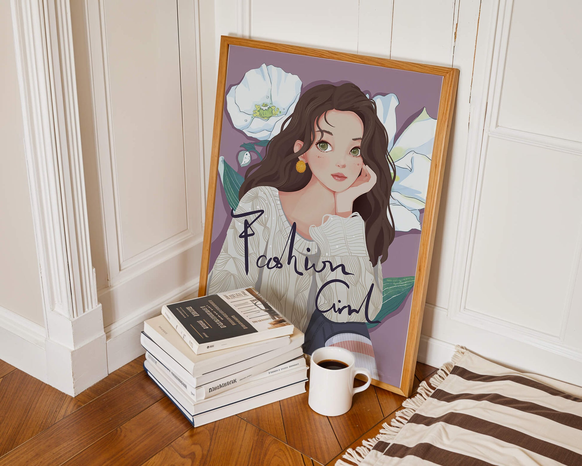 Illustrated fashion girl with floral background and purple theme