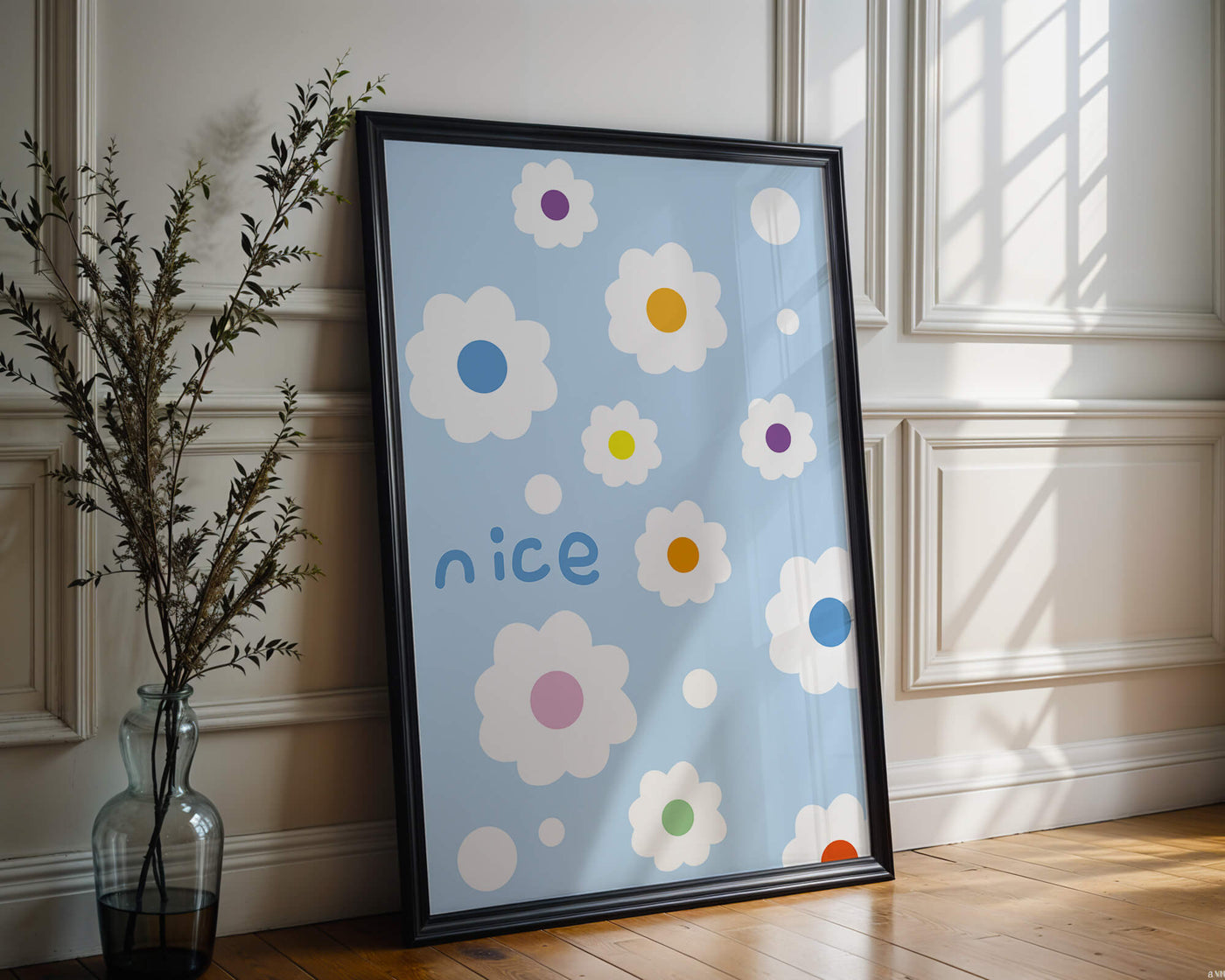 Pastel floral pattern with colorful centers on a blue background