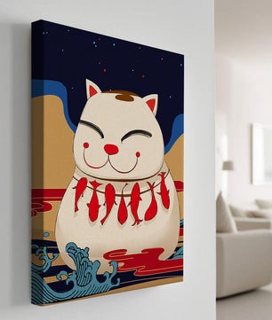 Japanese Lucky Cat with Fish Design in a Surreal Landscape