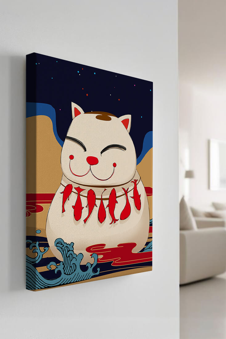 Japanese Lucky Cat with Fish Design in a Surreal Landscape
